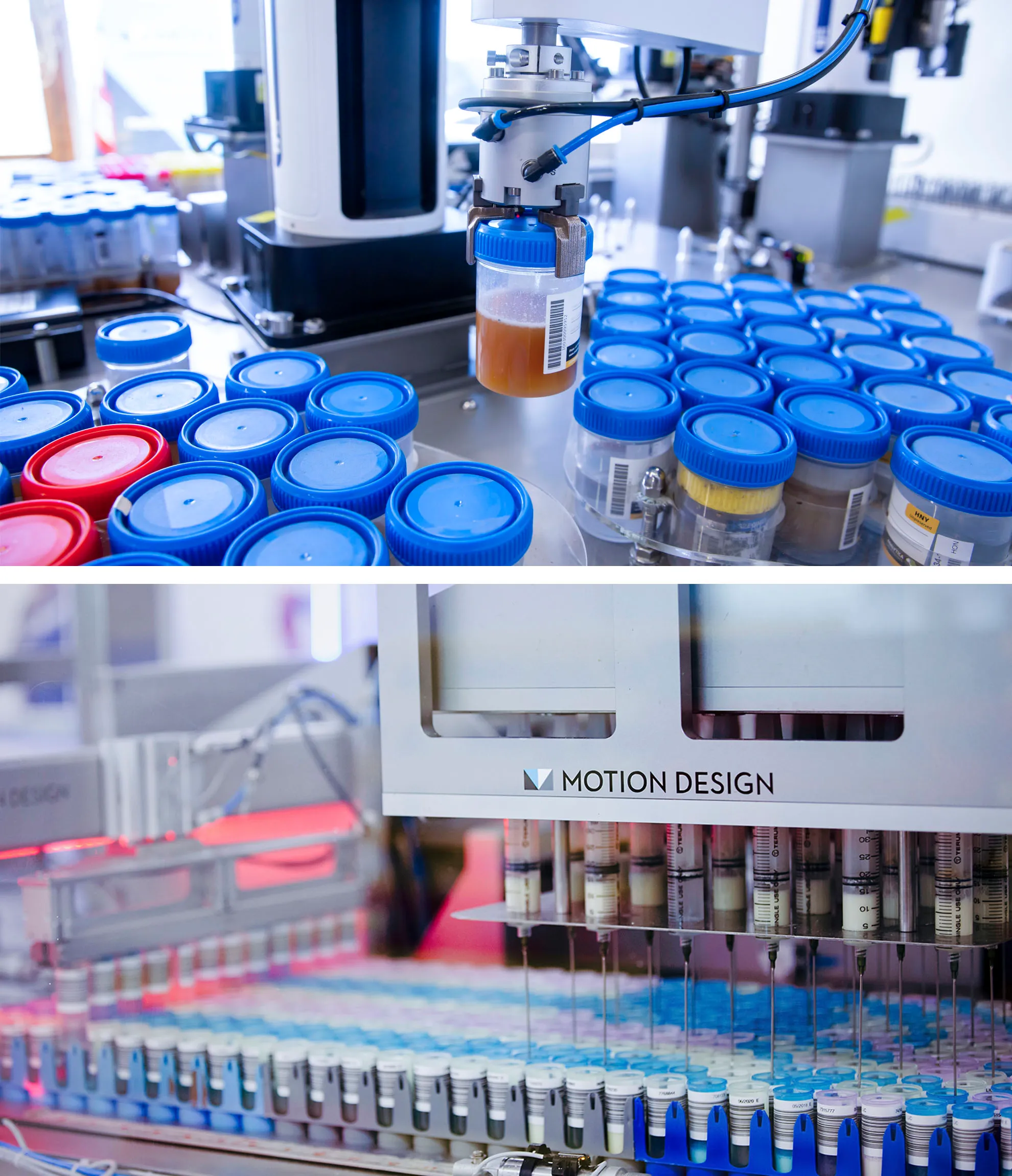 Image showing some of Motion Design Laboratory capabilities, rows of vials and samples in the process of sub sampling and mixing.